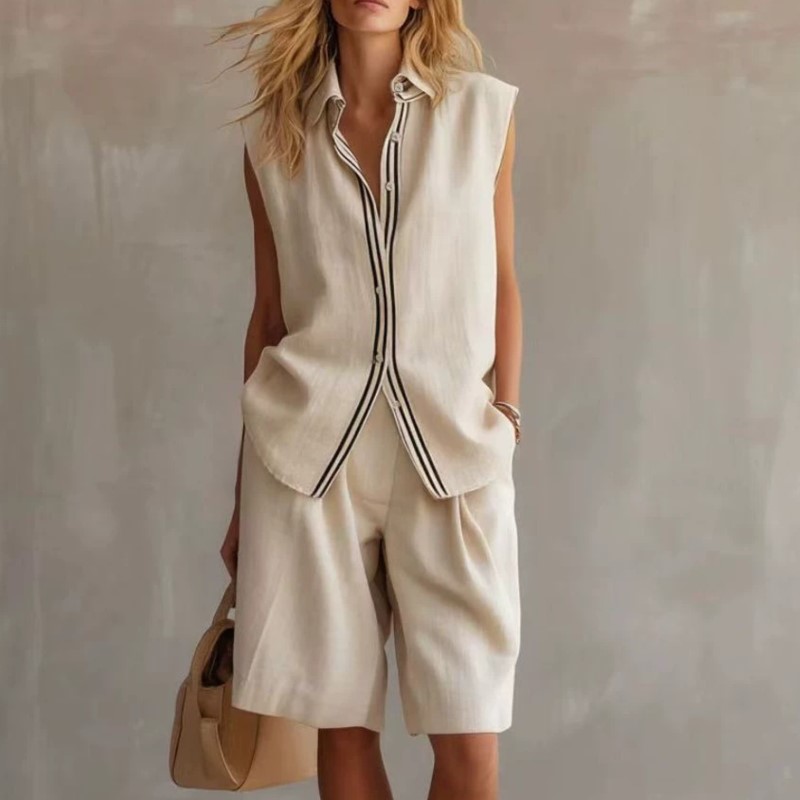 Shirt Camp Collar - Zomermode effen linnenmix tweedelige sets dames